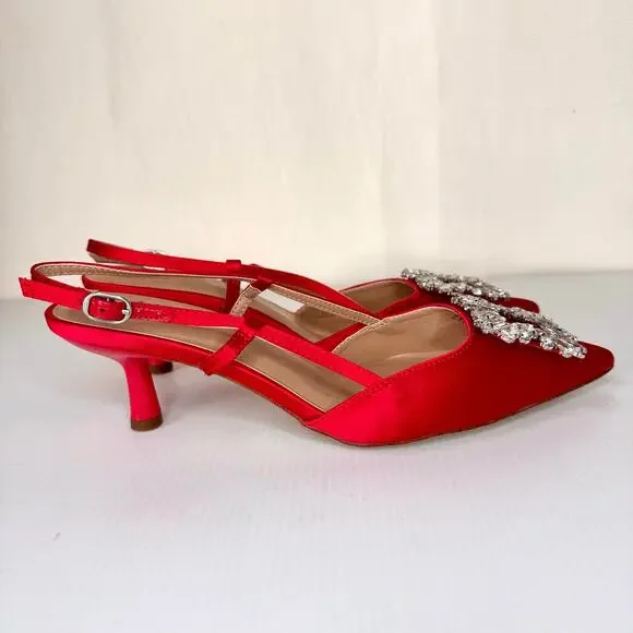 Satin Kitten Heels Women's 8 Red Rhinestone Glam Coquette Prom Wedding Formal - Picture 4 of 10